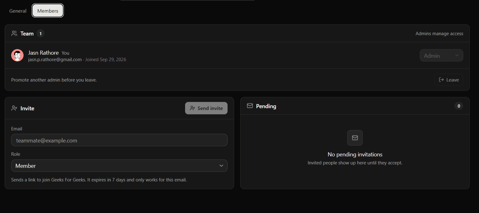 Certly organisation members page showing team roles and email invitations